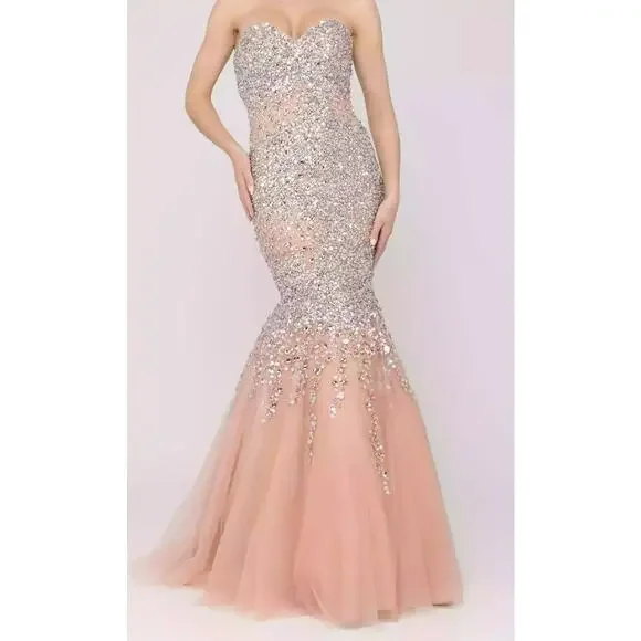 Terani Couture women's Pink Couture Trumpet Gown Mirrored crystal bodice